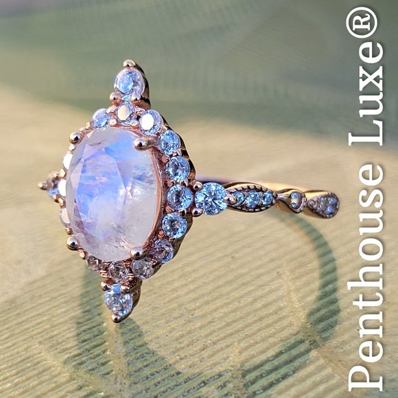 REAL Moonstone Radiant Oval Cut Halo Ring - Picture 3 of 8
